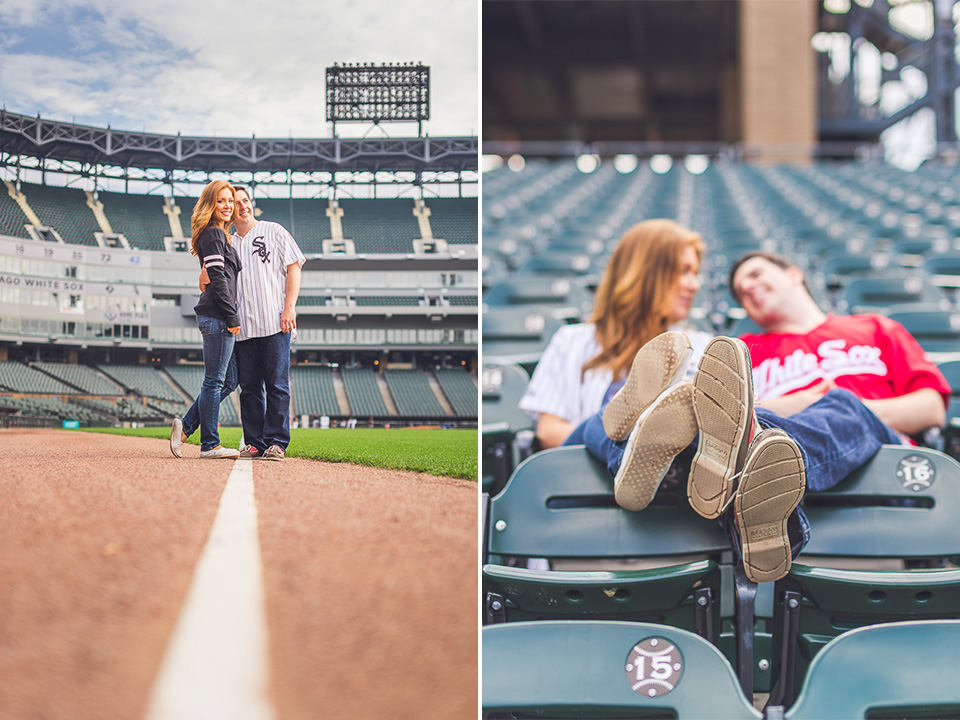 15 couple on the foul line in sox park - Savannah + Brad // Chicago Sunrise Engagement at US Cellular Field Sox Park
