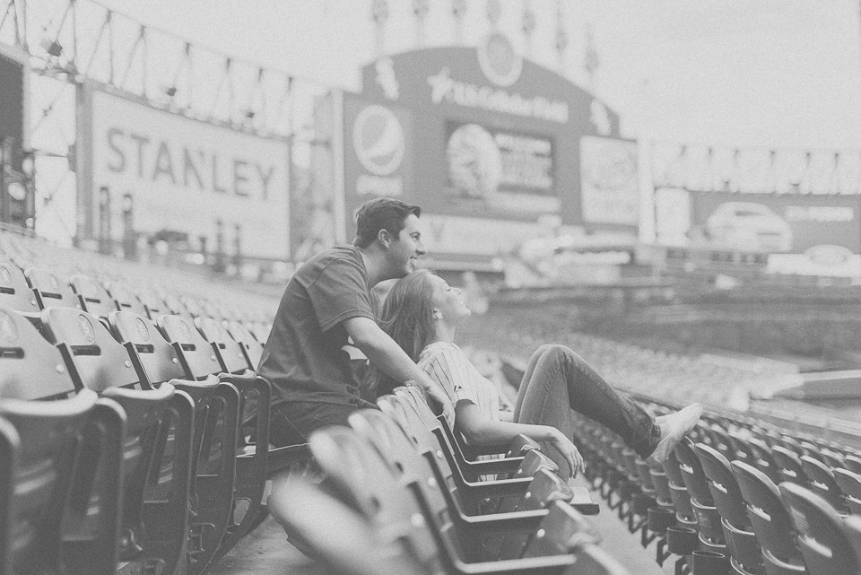 19 black and white in the stands at sox park - Savannah + Brad // Chicago Sunrise Engagement at US Cellular Field Sox Park