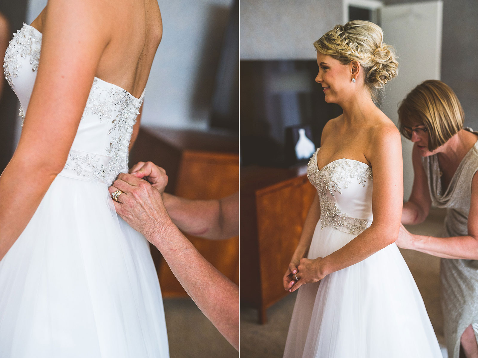 17 bride getting zipped up1 - Kristina + Dave // Wedding Photographer in Chicago