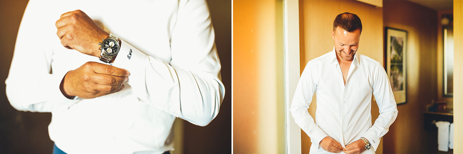 09 groom puttin gon shirt - Natalie + Alan // Chicago Wedding Photographer at Cafe Brauer