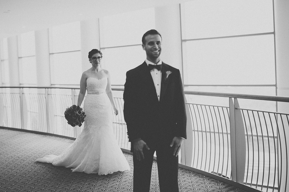 03 bride and groom first look black and white  chicago wedding photographer